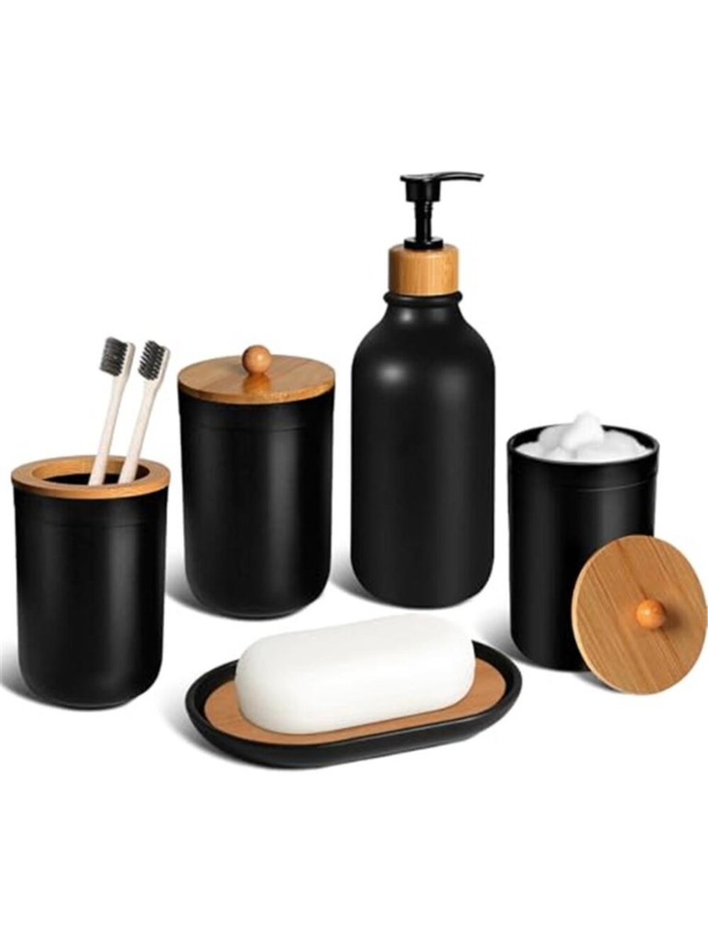 Black Bathroom Accessories Set Soap Dispenser Toothbrush Holder Bamboo Vanity